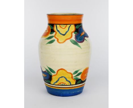 'Garland' a Clarice Cliff Fantasque Bizarre Isis vase, painted in colours between orange and blue bands, printed factory mark