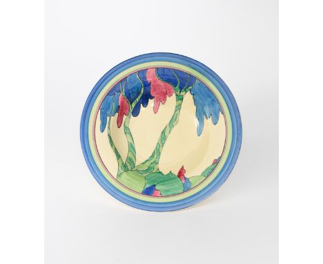 'Rudyard' a Clarice Cliff Bizarre small ribbed charger, painted in colours inside green and blue bands, printed factory marks