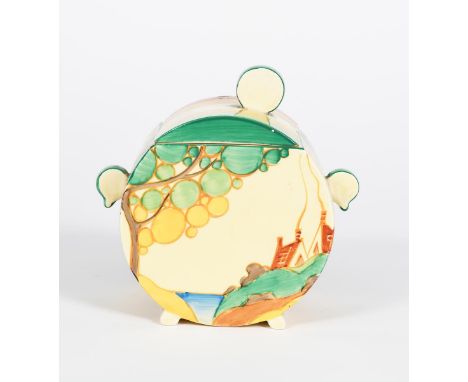 'Secrets' a Clarice Cliff Bizarre Bon Jour biscuit barrel and cover, painted in colours, the cover with green, yellow and bro