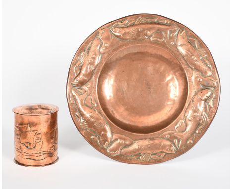 A Newlyn Industrial Classes copper tea caddy and cover, cylindrical form hammered in low relief with a galleon at sail, and a