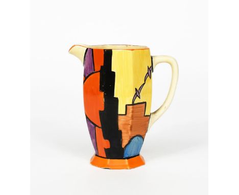 'Sunray' a Clarice Cliff Bizarre Athens jug, painted in colours above an orange band, printed factory marks, flat chip to foo