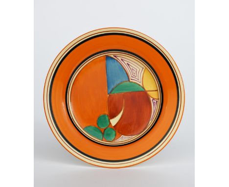 'Melon' a Clarice Cliff Fantasque Bizarre side plate, painted in colours inside orange and black bands printed factory marks,