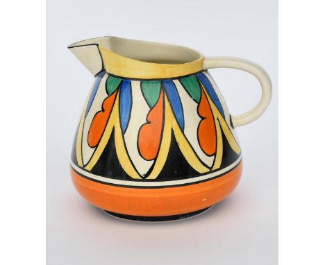 'Double V' a Clarice Cliff Bizarre jug,  painted in colours between yellow and orange bands, printed factory marks, minor res