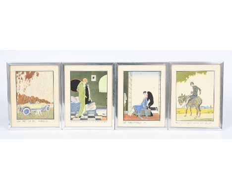 Four pochoir prints by Ettore Tito,  printed and coloured on paper, framed, and six other framed  pochoir prints signed in th