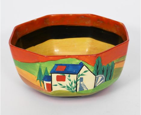 'Applique Lugano' a Clarice Cliff Bizarre bowl,  octagonal, painted in colours, the interior banded red, black and yellow, pr