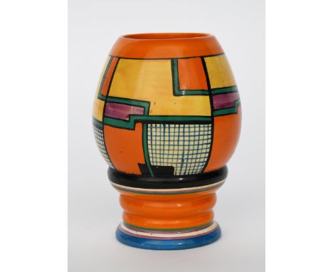 'Football'  a rare Clarice Cliff Bizarre 362 vase, painted in colours between orange, black and blue bands printed factory ma