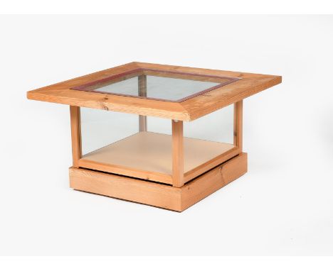 ‡&nbsp;A John Makepeace pine Collector's table, square section with central glazed cabinet, and a John Makepeace marble inset