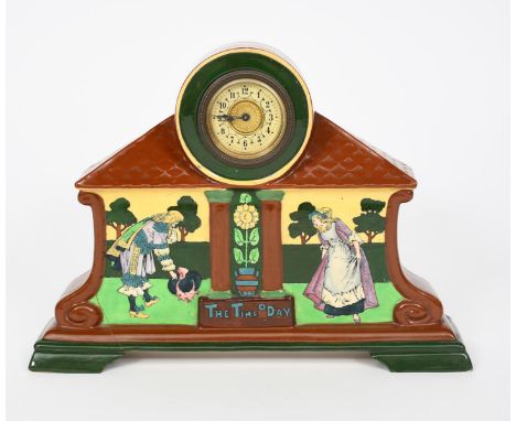 The Time O Day a Foley Intarsio  mantel clock designed by Frederick Rhead,  model no.3330, printed and painted with medieval 
