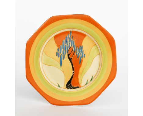 'Windbells' a Clarice Cliff Fantasque Bizarre plate, octagonal form, painted in colours inside green, yellow and orange bands