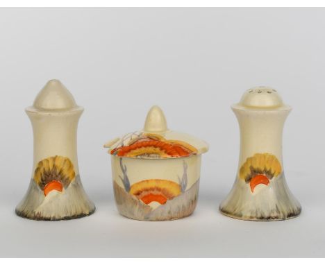 'Rhodanthe' a Clarice Cliff Bizarre cruet set, painted in colours, comprising mustard pot and cover, salt and pepper pots, fu