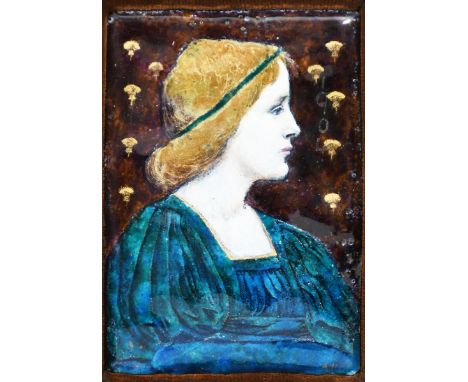 An Arts and Crafts enamel of a maiden by Ada Hayes, dated 1904, painted in colours, framed incised AH and 1904, and painted A