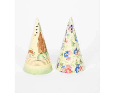 'Chalet' a Clarice Cliff Conical sugar sifter, painted in colours, highlighted in gilt, and a Royal Staffordshire Chintz Coni