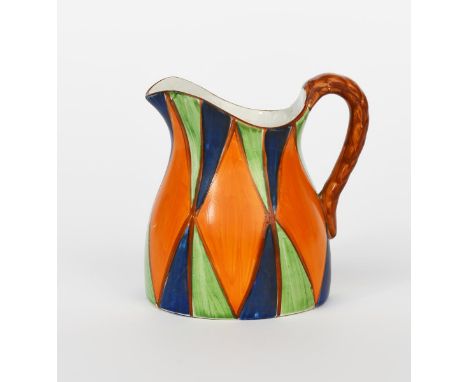 'Original Bizarre' a Clarice Cliff jug, painted with a band of orange diamonds, outlined in brown between blue and green tria