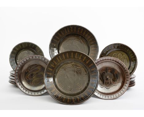 Seth Cardew (1934-2016) a Wenford Bridge pottery service, decorated to the well with a meandering river motif, comprising; ei