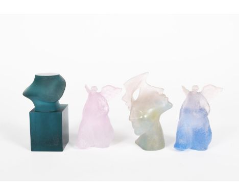 A Daum glass model of an angel, blue glass with frosted finish, another pink angel figure, a Daum glass bust and a Daum glass