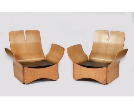 A pair of Race Furniture Maximus Range wing-arm chairs designed by Max Clendinning,  designed 1967, moulded laminate ply wood