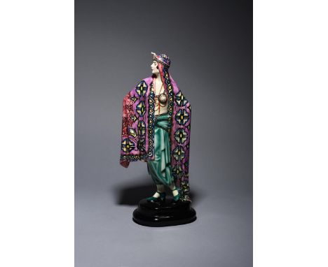 Egyptian Dancer a large Goldscheider Pottery figure designed by Josef Lorenzl, model no.5281, on rounded, stepped base, paint