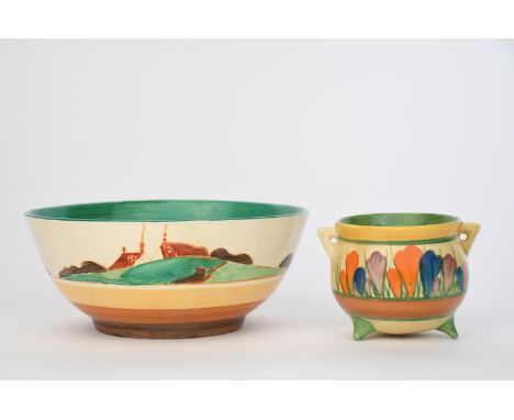 'Crocus' a Clarice Cliff Bizarre Cauldron, painted in colours, and a Secrets bowl, printed factory marks, 7.5cm. high, (2) 