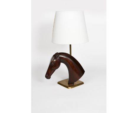 A Hagenauer wooden bust of a horse, on square brass base plate with table lamp fittings, stamped marks to base, 31cm. high