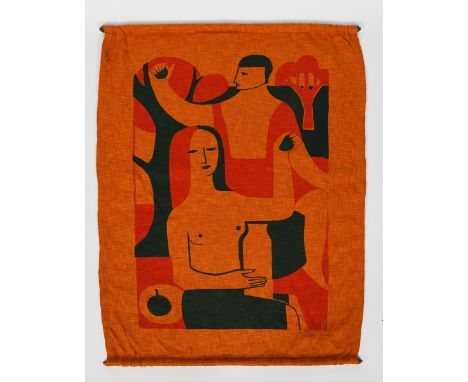 Adam and Eve a screen printed hessian wall hanging, in the manner of Fernand Leger, printed in black and red on an orange gro