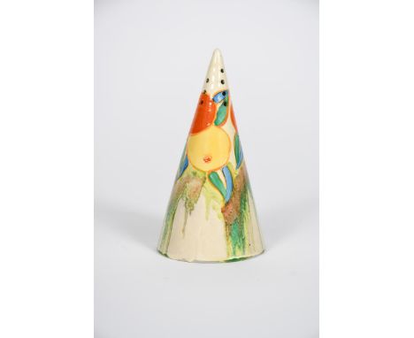 'Delecia Citrus' a Clarice Cliff Bizarre Conical sugar sifter, painted in colours printed factory mark, 14cm. high