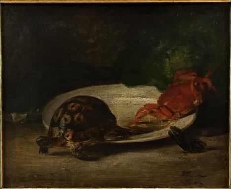 Willmann, Edouard (1820 - 1877) A still life of a tortoise and a crab Oil on panel Signed and dated ?Willmann / Paris 44?  Pr