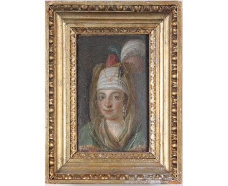 A pendant pair of portraits of Sufis 17th / early 18th Century Oil on paper laid on panel The reverse of one panel branded wi