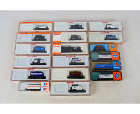 Arnold - Roco- 18 boxed N gauge rolling stock to include #4350-20 Tanker, #02321F Karlsbrau van, #2319 Hopper and others. Ite