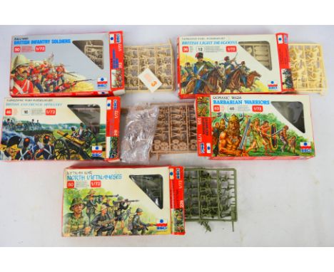 ESCI - Five boxed sets from ESCI in 1/72 scale to include: Zulu War British Infantry Soldiers set # 212, Romanic Wars - Barba