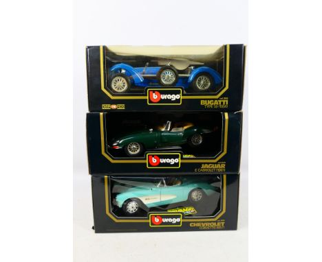 Bburago - Three boxed Bburago 1:18 scale diecast model cars. Lot consists of #3024 Chevrolet Corvette (1957), #3005 Bugatti T