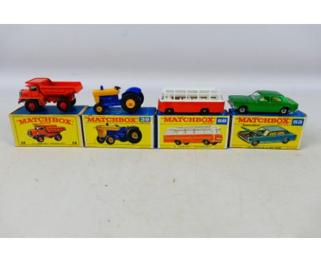 Matchbox by Lesney - four diecast models comprising Mack Dump Tr uck # 28, Ford Tractor 39, Mercedes Coach # 68 and Ford Zodi