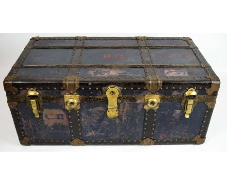STEAMER TRUNK, 92cm L x 50cm W x 38cm H, early 20th century, riveted steel with flip down clasps, interior tray and H.O initi