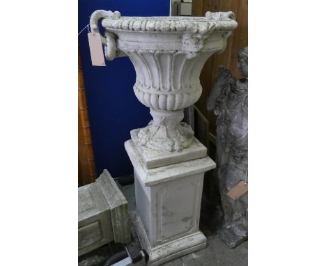 GARDEN URN, on stand, 140cm H including plinth x 72cm, painted reconstituted stone. 