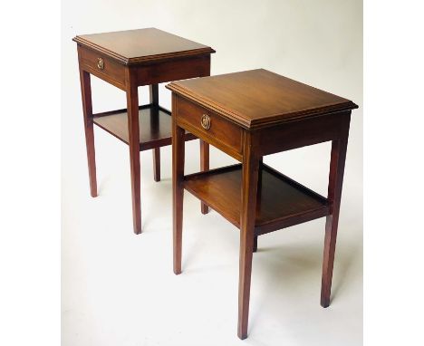 BEDSIDE/LAMP TABLES, 40cm W x 33cm D x 60cm H, a pair, George III style mahogany and satinwood each with drawer and undertier