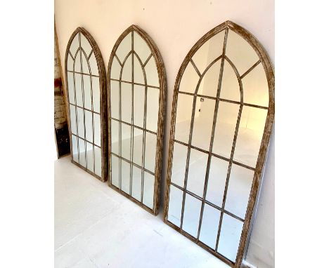 ARCHITECTURAL GARDEN WALL MIRRORS, three, 160cm x 67cm, arched tops, aged metal frames. (3) 