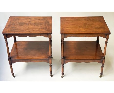 LAMP TABLES, 47cm x 36cm x 58cm H, a pair, George III design, burr yew and crossbanded with wavy apron and undertier with cas