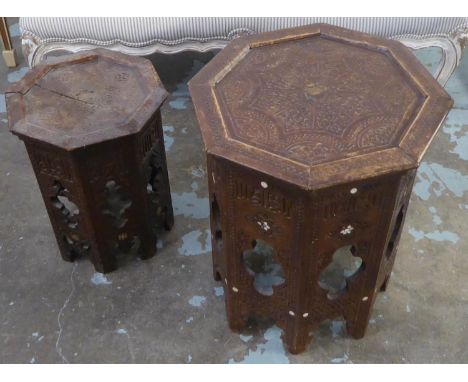 DAMASCUS TABLE, early 20th century hardwood carved with an octagonal top and inset mother of pearl, 42cm W x 57cm H and anoth