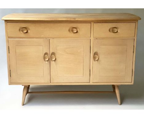 ERCOL SIDEBOARD, 123cm W x 46cm D x 83cm H Ercol raw elm topped with two drawers and three doors on tall supports. 