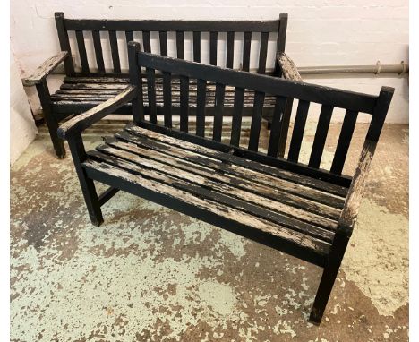 GARDEN BENCH, weathered slatted and painted teak, 158cm W, together with a similar smaller example, 122cm W. (2) 