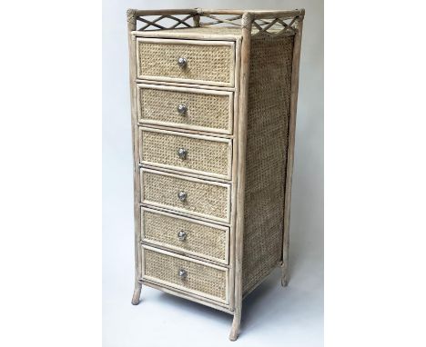 RATTAN TALL CHEST, 111cm H x 46cm x 44cm, vintage rattan framed and cane panelled with six drawers and gallery. 