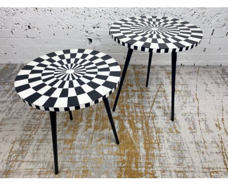 SIDE TABLES, a graduated pair, 1970's Italian design, circular inlaid tops on tripod metal legs, largest 53cm H x 46cm x 46cm