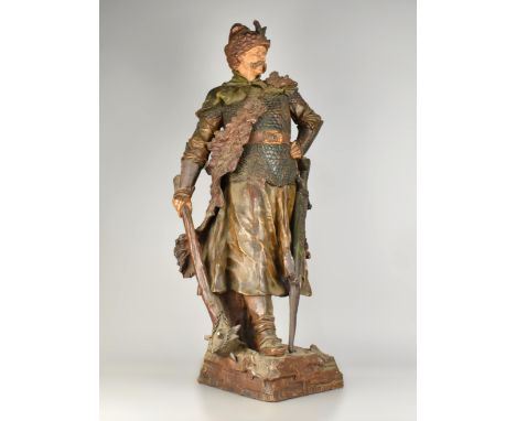 A Large Early 20th Century C.1900 Ernst Wahliss Turn Wien (Vienna) Terracotta Figure of Hun Warrior Modelled Standing on Rect