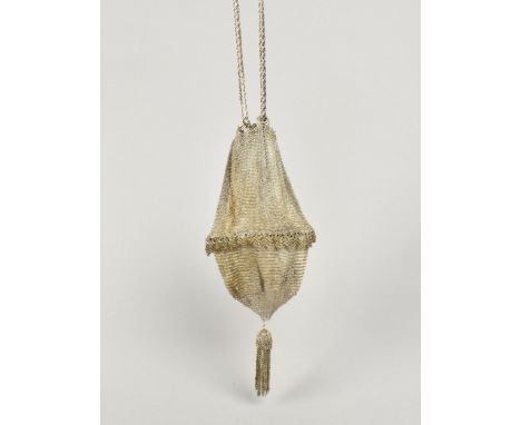 A Vintage Silver Chainmail Purse with Tassel Drop, Rope Twist Chain Handles with Sphere Terminals and Internal Hexagonal Supp