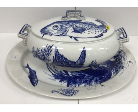 A Victorian Worcester blue and white transfer decorated oval platter decorated with fish amongst seaweed and inscribed with m