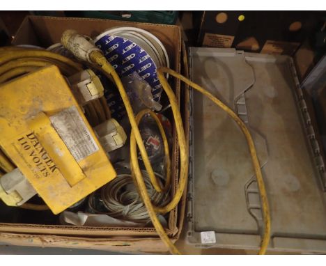 Box of mixed tools to include 110v extension lead, sandpaper, cable etc. Not available for in-house P&amp;P 