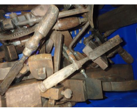 Box of mixed joiners tools to include chisels, hand drill etc. Not available for in-house P&amp;P 