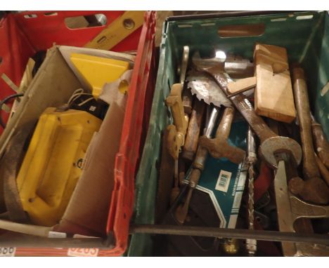 Two boxes of mixed hand tools to include hammer and spanners. Not available for in-house P&amp;P 