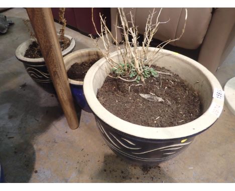 Three blue glazed ceramic plants pots. Not available for in-house P&amp;P 