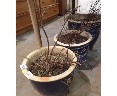Three blue glazed ceramic plants pots. Not available for in-house P&amp;P 