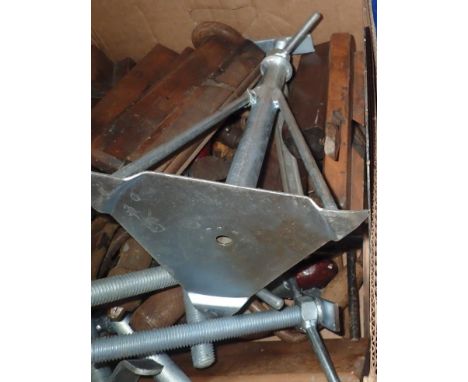 Box of mixed hand tools including moulding planes. Not available for in-house P&amp;P 
